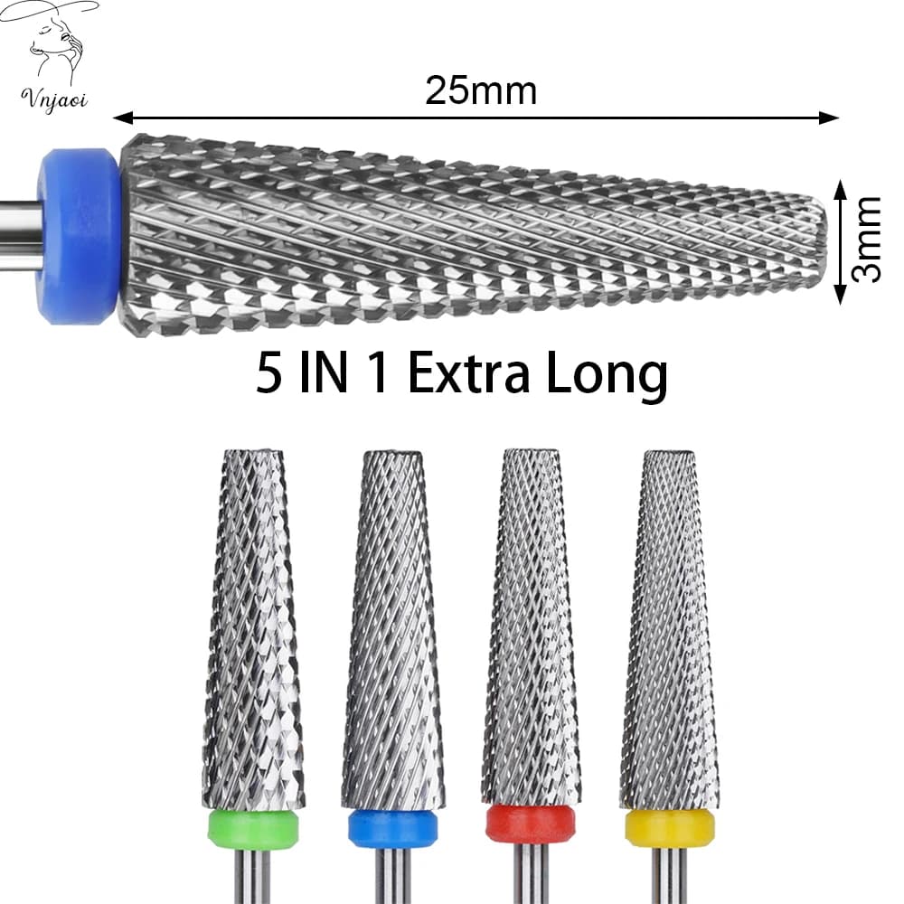 Vnjaoi 5 In 1 Bit punta da trapano per unghie In acciaio al tungsteno Extra lunga s fresa per smalto colla Gel UV rimuovi punta da trapano per unghie