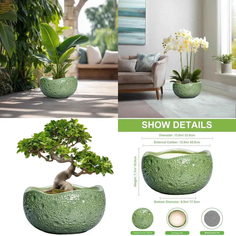 13 round bonsai vases with drainage for indoor/outside plants, modern decorative florists, green