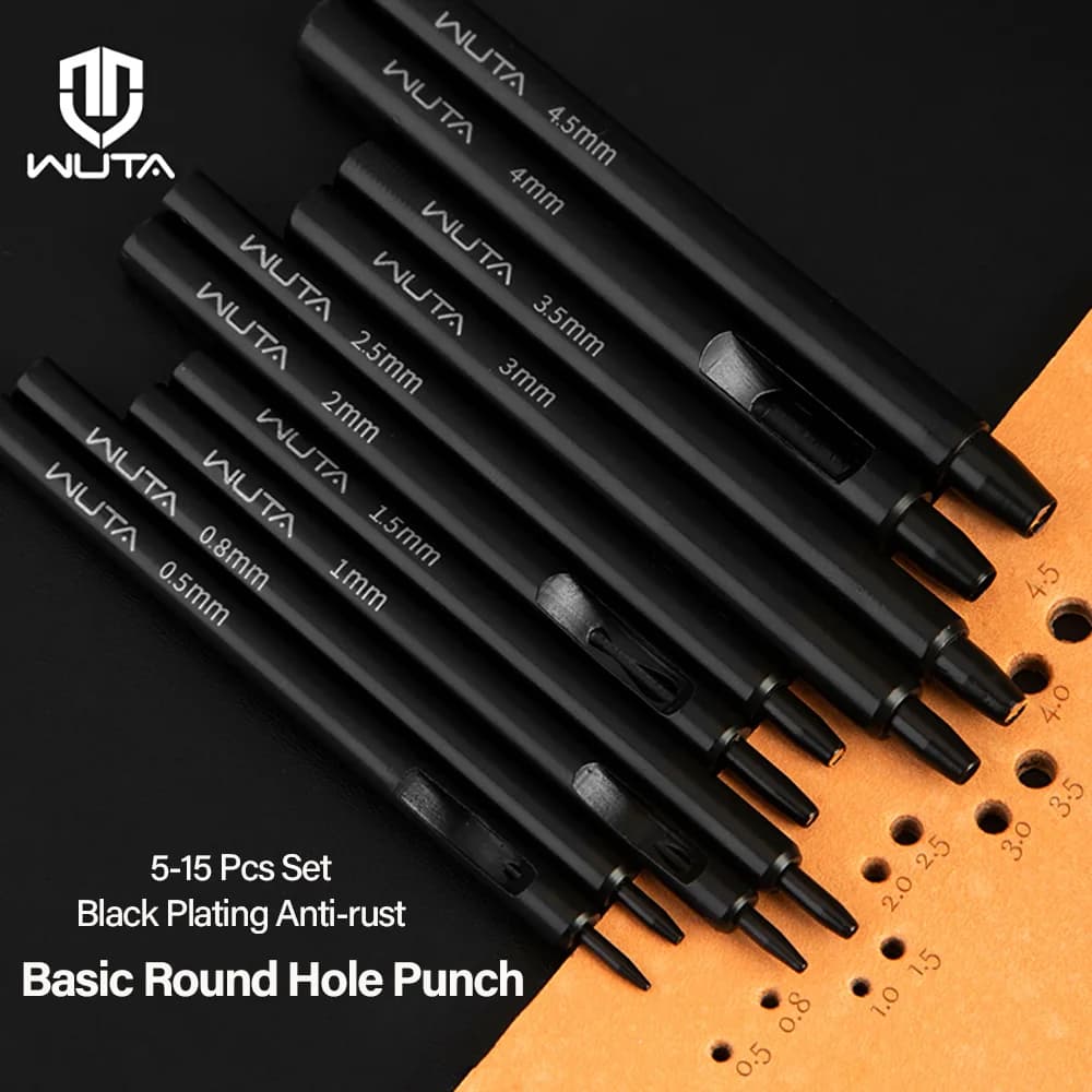 WUTA Set di 5-15 Pezzi di Punzoni in Pelle Neri Antiruggine, Kit di Strumenti per Lavorazione Artigianale Fai-da-Te per Cinture e Cinturini di Orologi