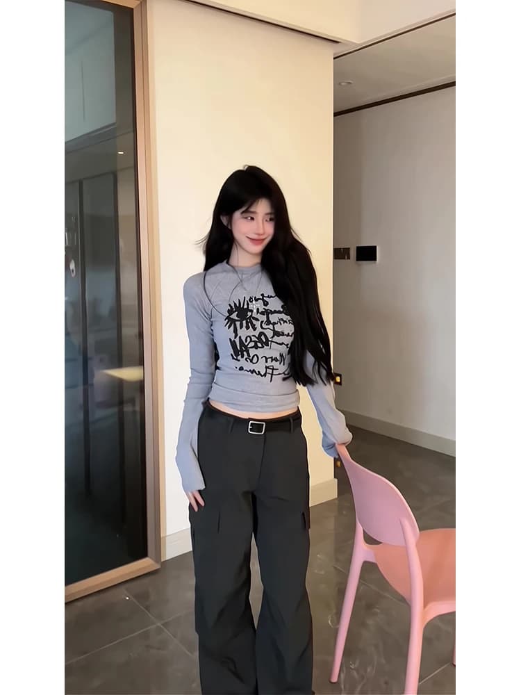 plus Size Women's American Style Long Sleeve Base Shirt T-Shirt Short Tight Fit Top for Autumn Winter Pure Desire Spicy Girl