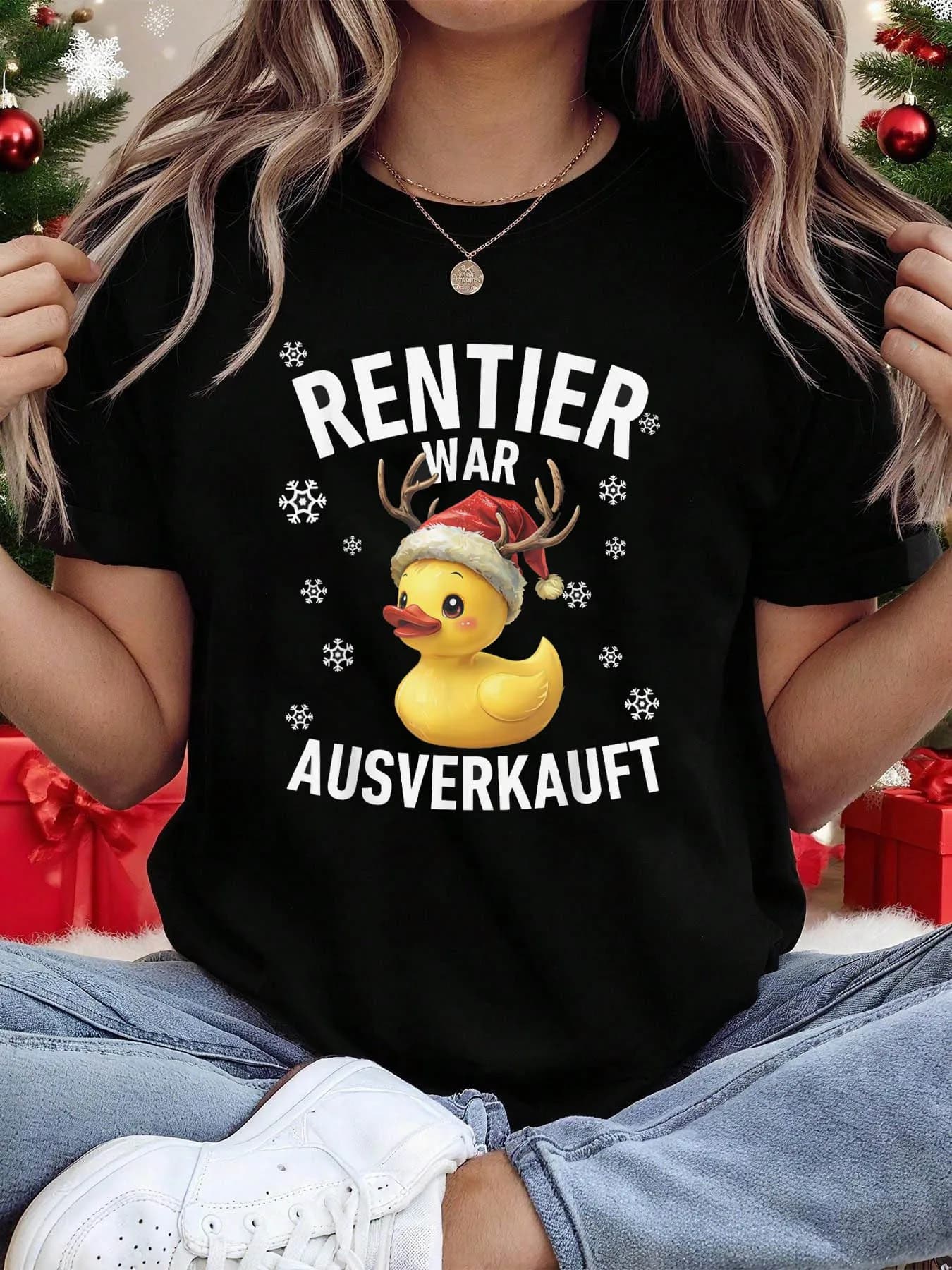 Christmas Themed Reindeer War Sold Out Graphic Print Women's Round Neck Short Sleeve T-Shirt, Perfect for Casual Outings, Holiday Gifts, and Gatherings with