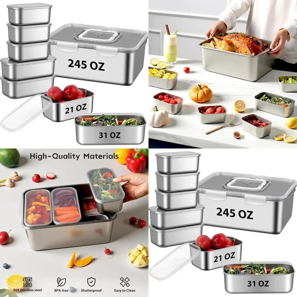 Set of 8 Large Stainless Steel Food Containers with Lids, 3 Sizes for Meal Prep, BPA-Free & Oven Safe (245oz, 31oz, 21oz)