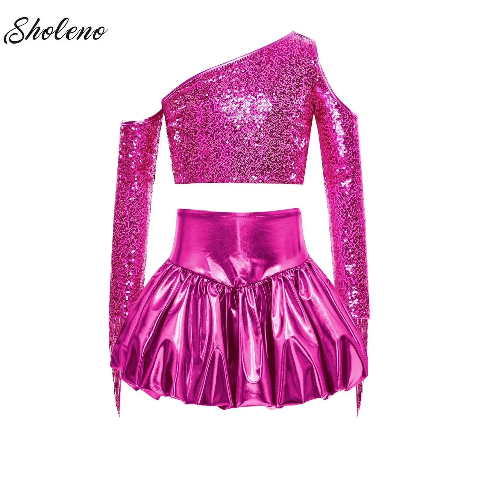 Kids Girls Sequins Jazz Dance Performance Costumes Sleeveless Ballet Gymnastics Crop Top Skirt Set Hip Hop Ballroom Clothes Set