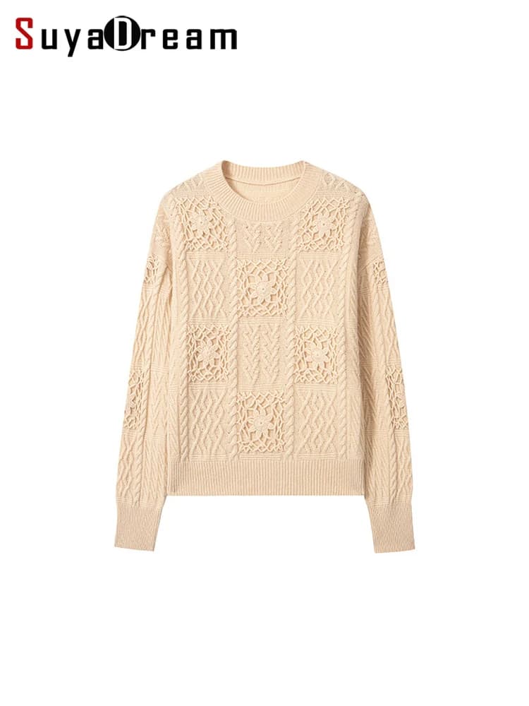 SuyaDream, Pullover da donna, 100% lana di pecora, scollo a O, maglioni con fiori all'uncinetto fatti a mano, top caldo autunno inverno 2024, bianco, grigio