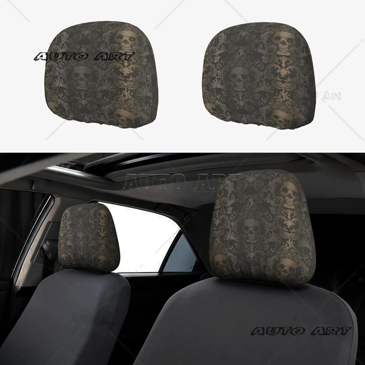 Headrest Covers for Damascus Car Seat with Vintage Halloween Gothic Skull, 2 Pieces, Breathable Car Accessories for Men