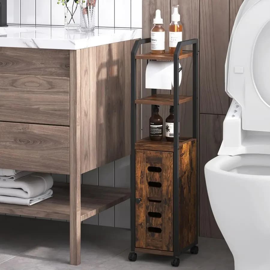 Mobiletto porta carta igienica, piccolo porta carta igienica con 4 ruote, organizer da bagno con ripiano regolabile