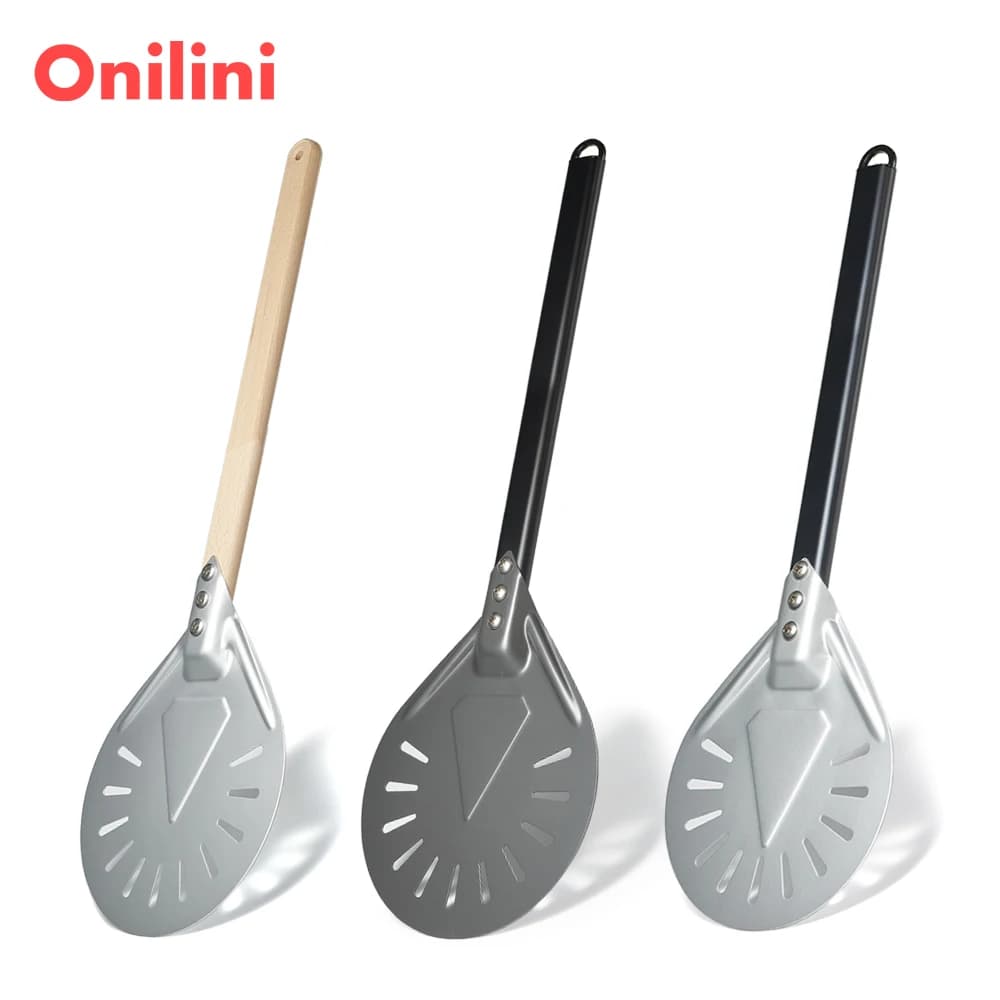 Onilini 7/8/9 pollici Pizza Peel Peel Lega di alluminio Perforato Pizza Manico in legno Pala per pizza Paddle Forno Accessori