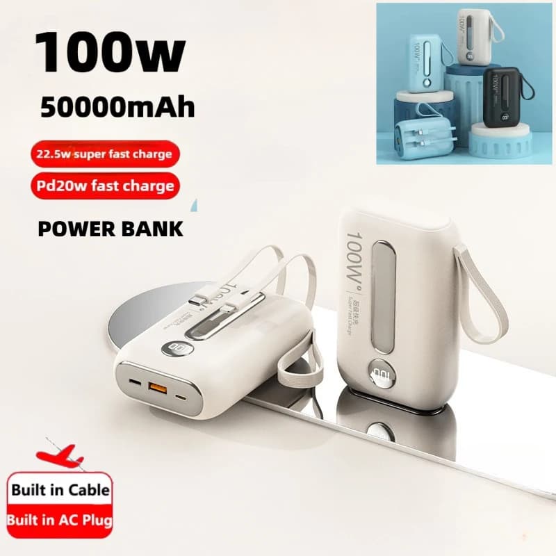 Mini Power Bank 50000mAh Caricatore portatile a ricarica rapida PowerBank per iPhone Xiaomi Samsung Batteria esterna per telefono con cavo