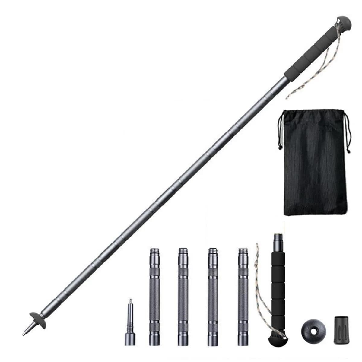 Foldable multifunctional outdoor telescopic trekking pole with 6 aluminium alloy sections with round Spo