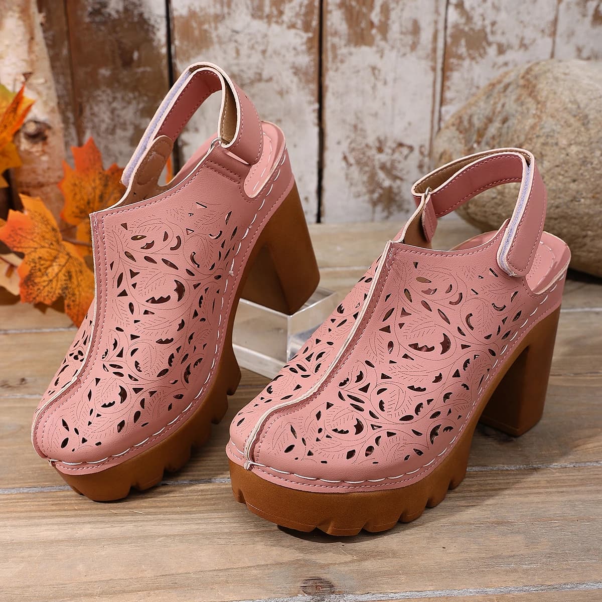 Large Size Women's Thick Heel Sandals Summer New Roman Style Polyurethane Leather Hollow Breathable Toe-cap Sandal for Woman