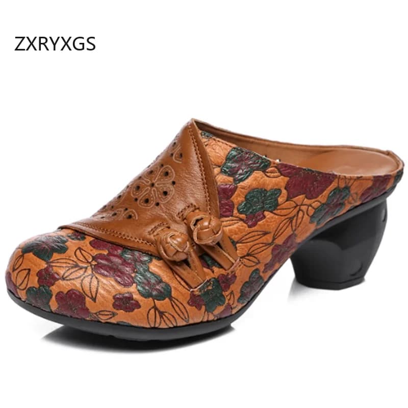 ZXRYXGS Top Pelle bovina Bottoni stampati Donna Elegante Pantofola alla moda 2025 Estate Punta tonda Pantofole con tacco medio Scarpe da banchetto Marea