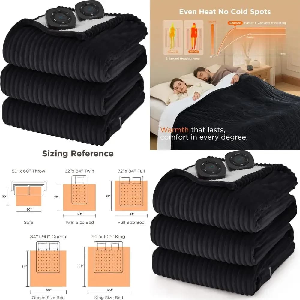 Coperta Elettrica Queen Size - Morbida in Flanella con Doppi Controlli, 10 Impostazioni di Calore e 10 di Timer, Spegnimento Automatico (84x90, Nero)
