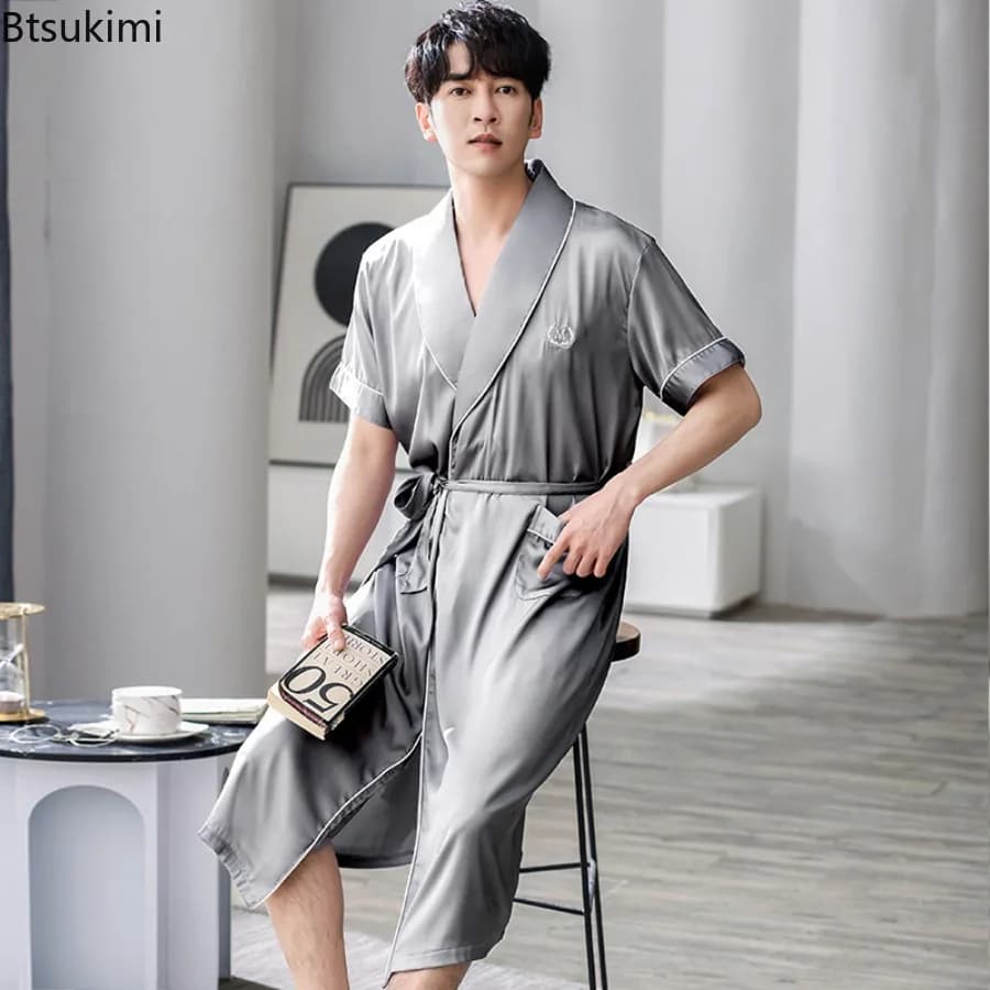 Summer Man's Kimono 2026 in Soft Ice Silk, Half-Handed Soctile Half-Handed Width Unit, Plus Sizes, Elegant and Fashion for Gentiluomini