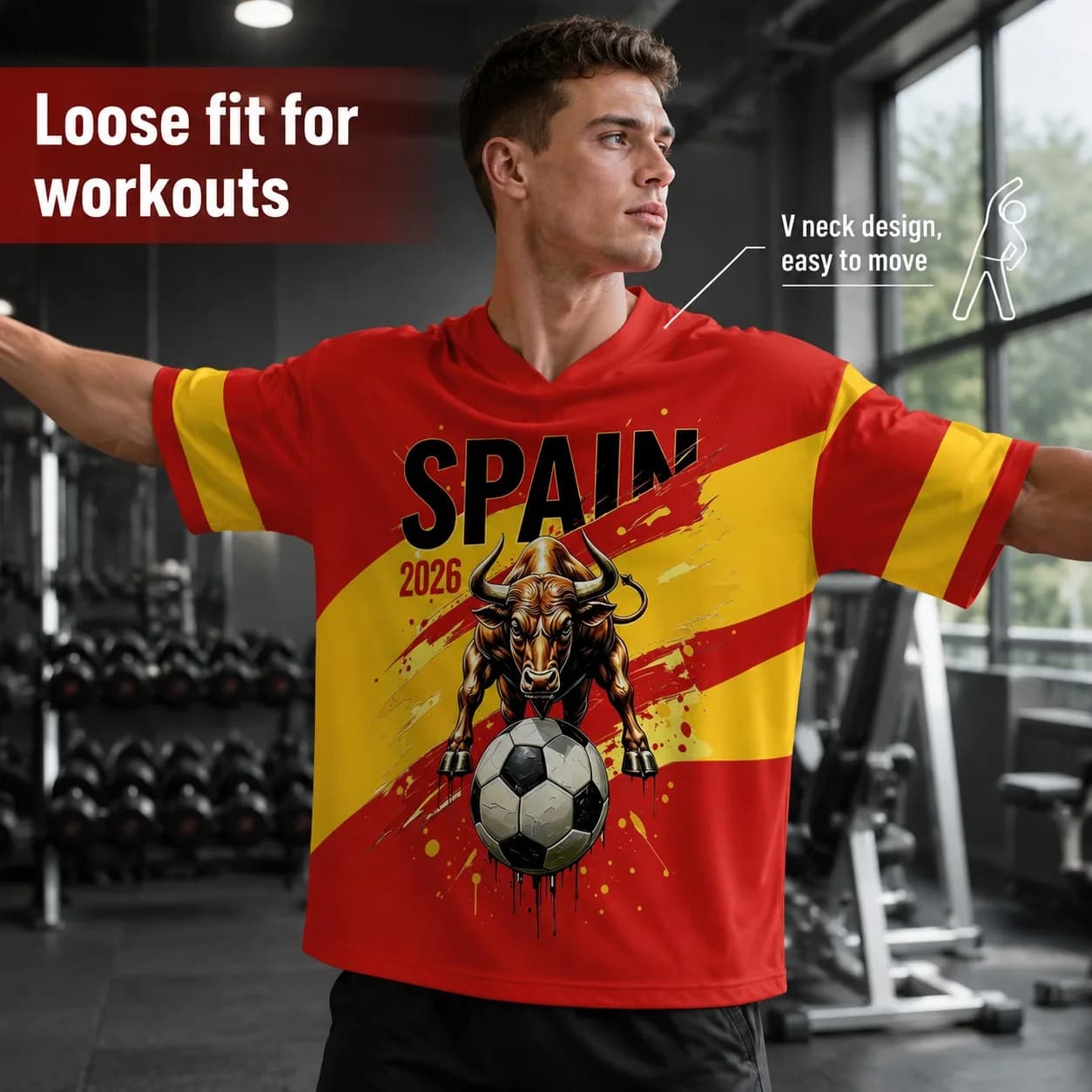 Spanish Bulls Men's Football Clothes With Red And Yellow Flag Stripes, Splash Print Loose, Casual Sports T-shirt