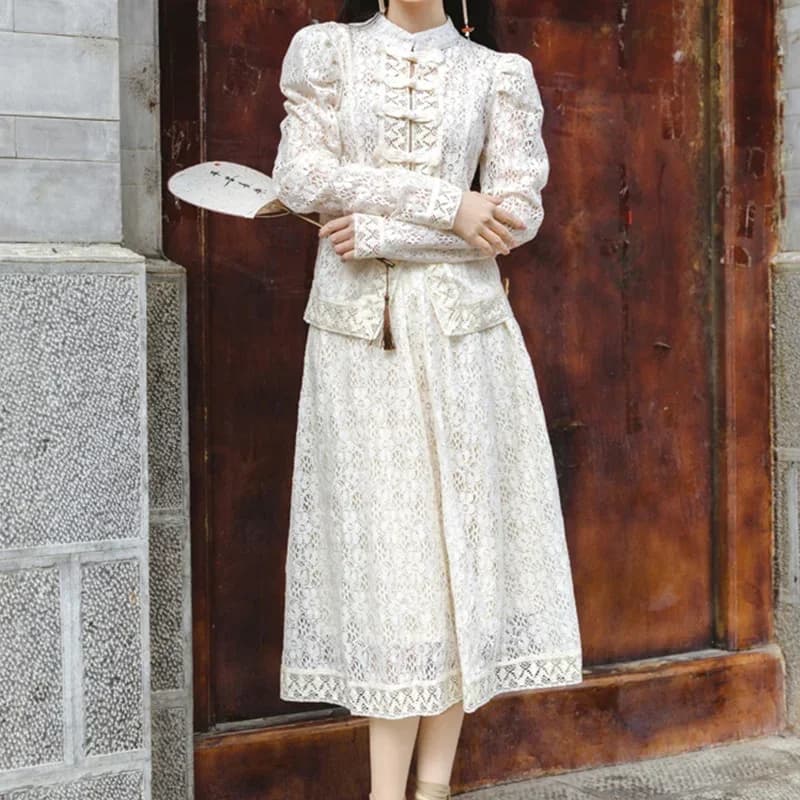 Camicetta in pizzo albicocca + gonne a vita alta Set da donna in due pezzi con fiore a gancio vintage da donna Set estivo a maniche lunghe da festa