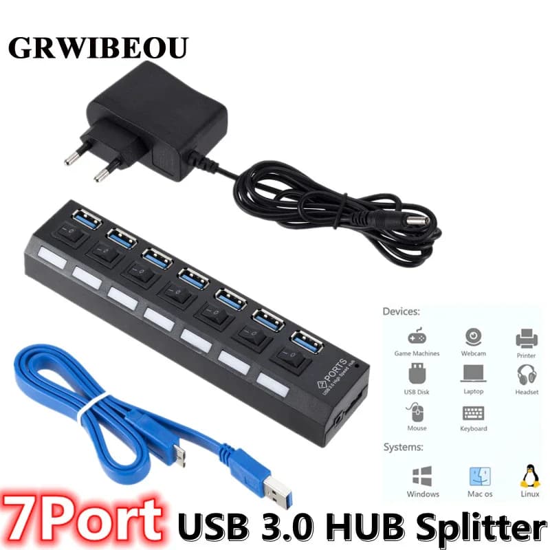 Hub USB 3.0 GRWIBEOU con Adattatore di Alimentazione, Splitter USB Multiplo a 7 Porte, Espansore USB con Interruttore per PC