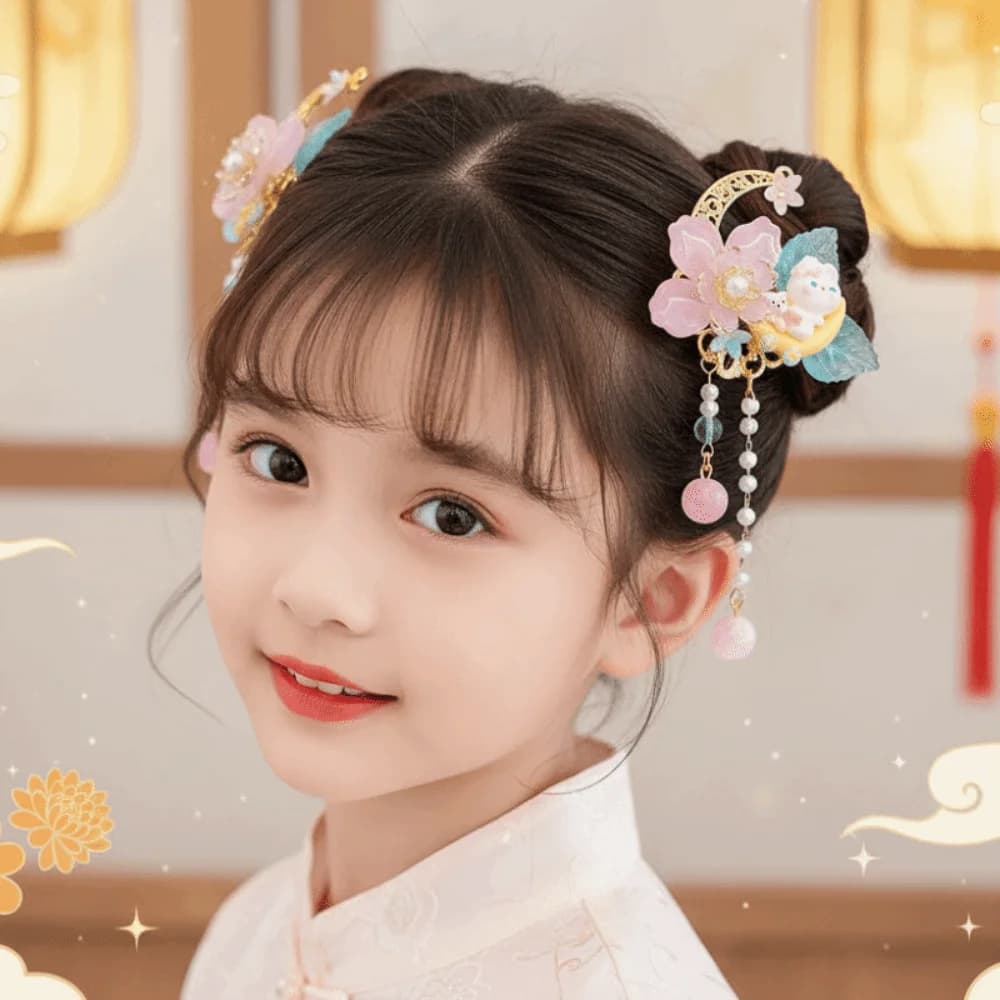 1 Pair Double Clip Hanfu Hair Clips Vibrant Color Secure Grip Pearl Bunny Hair Clips Chiffon Flower Floral Tassel Fairy Hairpins