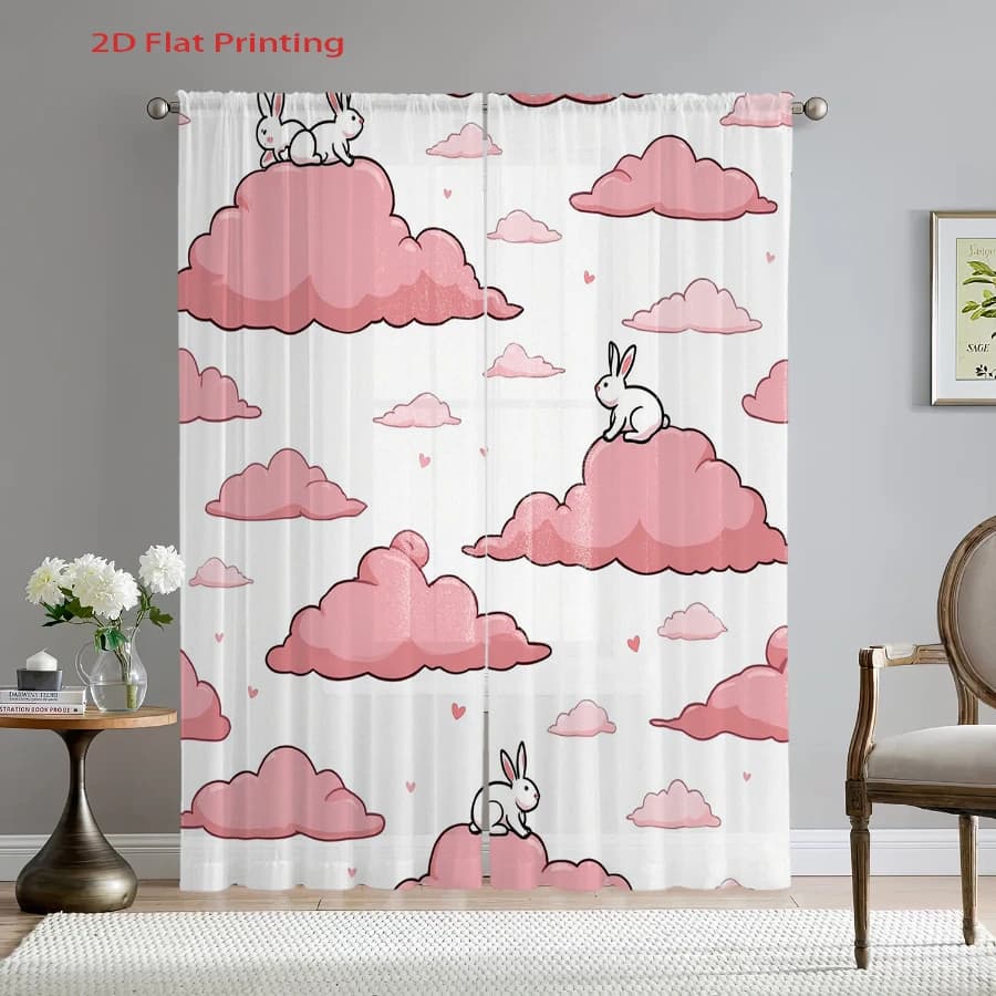 2PCS Digital Print Sheer Curtains, Lovely Pink Cloud Bunny Rabbit, Cute Dreamy Kawaii Style for Bedroom Living Room Home Decor