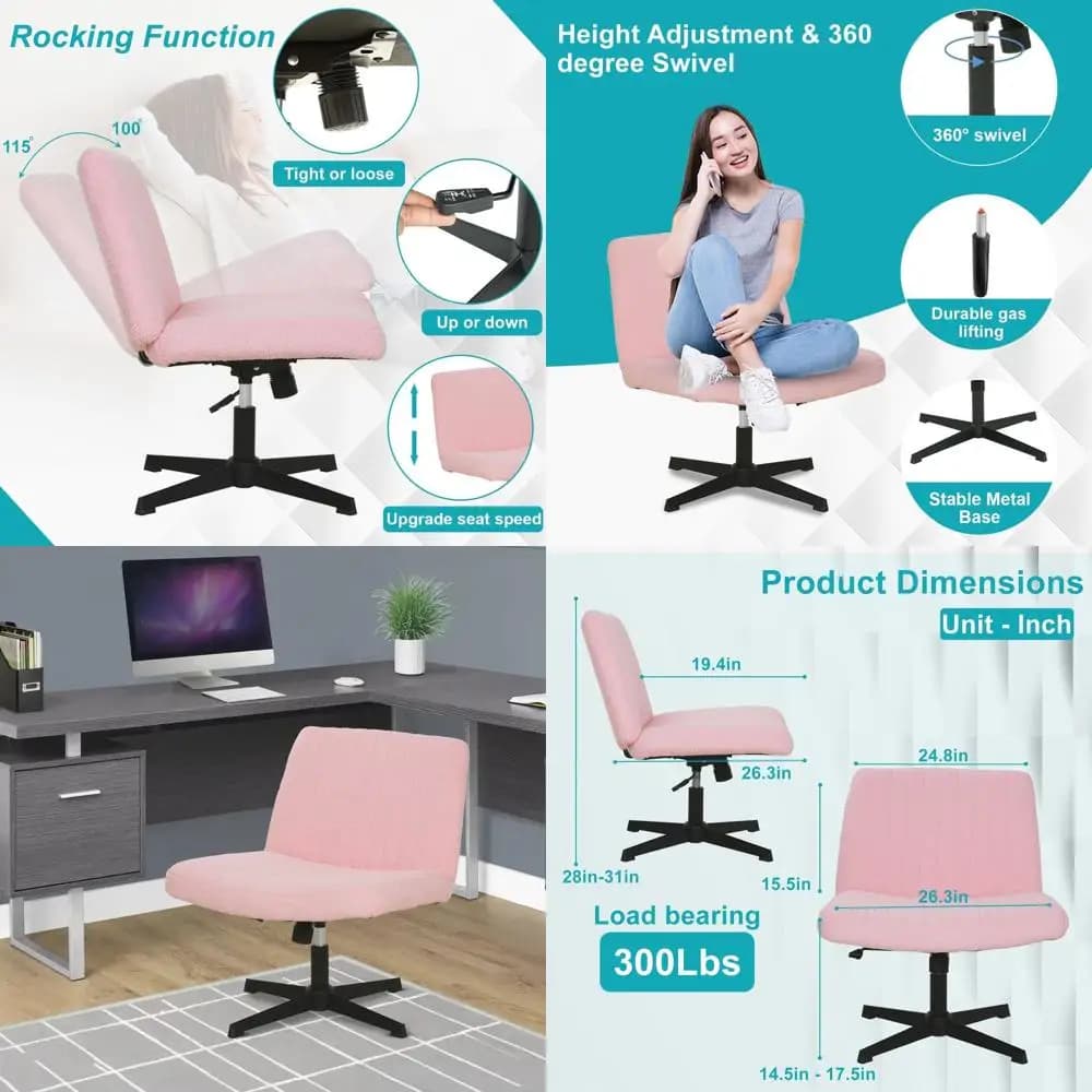 Sedia da Ufficio Girevole Regolabile Senza Braccioli con Seduta Larga per Lettura Confortevole, Gaming e Uso in Home Office, Colore Rosa