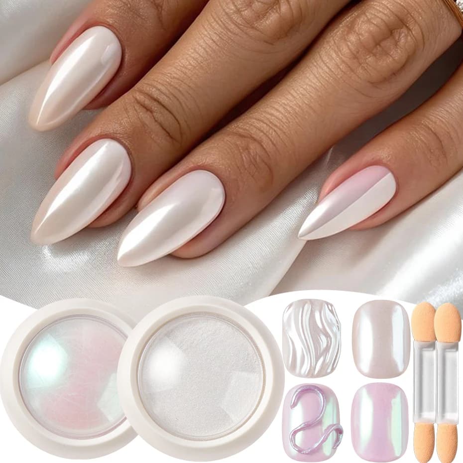 Polvere per unghie Aurora Pearl White Chrome effetto specchio Polvere per sfregamento bianco al chiaro di luna - Polvere Aurora con 2 bastoncini per ombretti