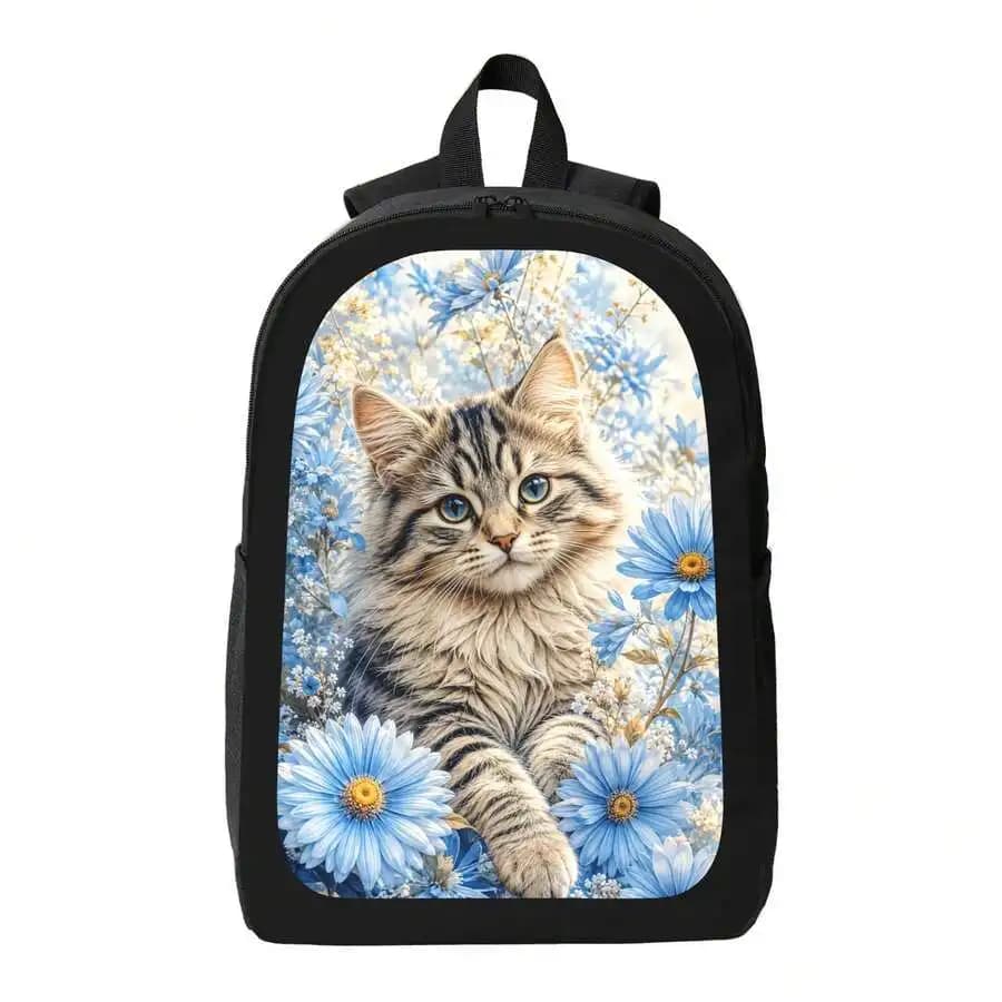Blue Daisy Cat Print Backpack Stylish Casual Lightweight Daypack For Adults