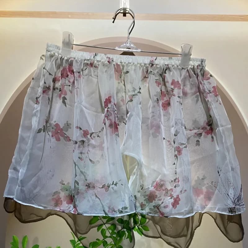 Pantaloncini da uomo con stampa floreale lucida in tulle trasparente erotico COS da donna Soye Touch Home Pantaloni da notte larghi ultra sottili taglie forti
