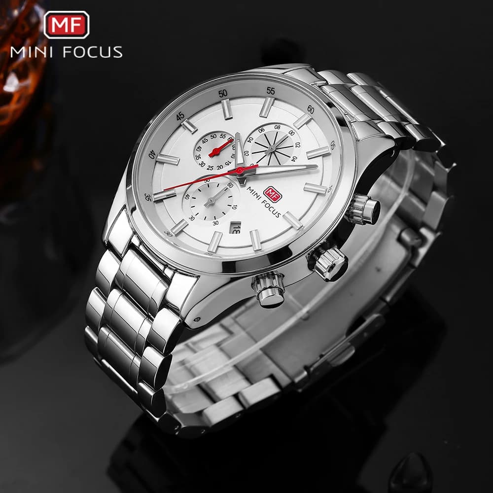MINI FOCUS Orologi da uomo impermeabili di lusso Finestra di calendario Orologio da lavoro al quarzo argento Cinturino in acciaio inossidabile Lancette luminose