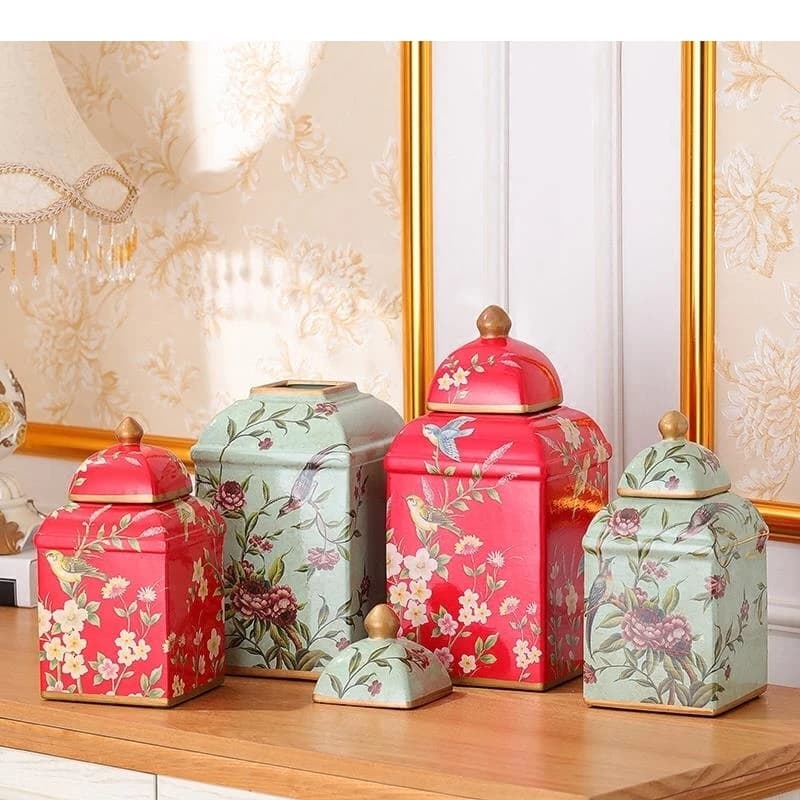 American Country Home Ceramica Fiore e uccello Vaso quadrato Conservazione di frutta secca candita Accessori per decorazioni rustiche