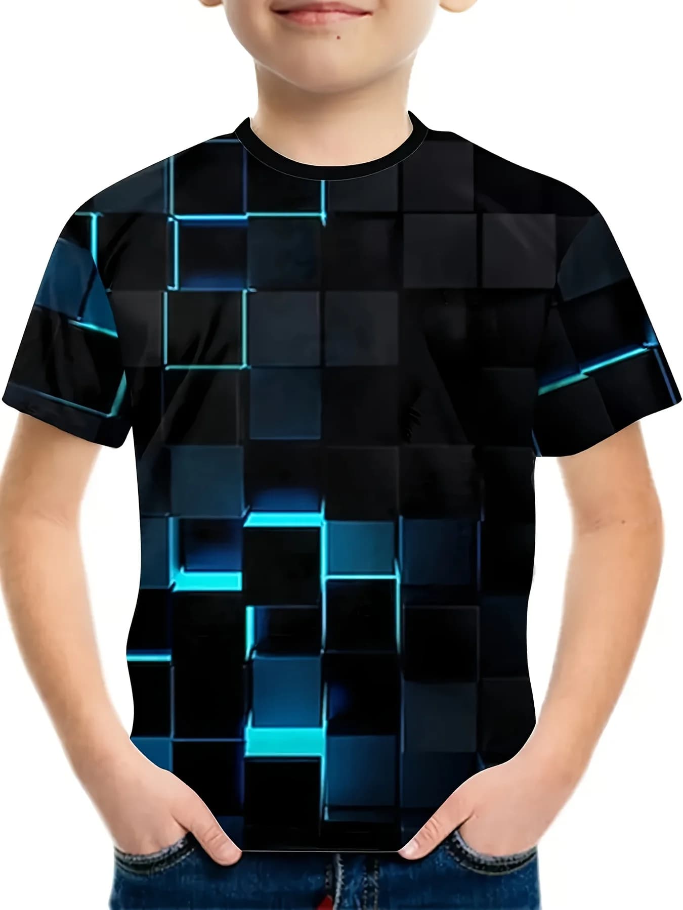 Kids Boys Summer Tee, Cool 3D Geometric Block Animal Graphic Print, Crew Neck Short‑Sleeve Casual Children T‑Shirt