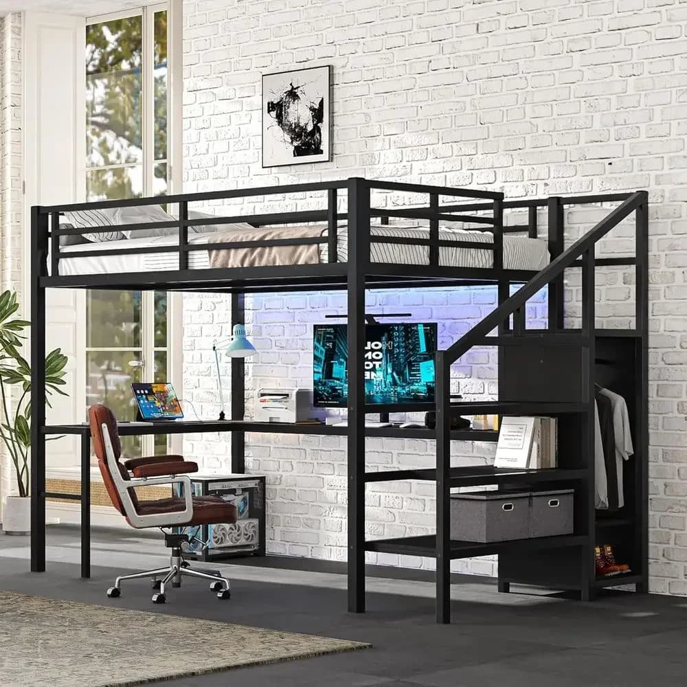 L-Shaped Gaming Desk Bed with LED Lighting and Charging Station, Metal Frame, Wardrobe, and Adjustable Shelves for Kids, Teens,
