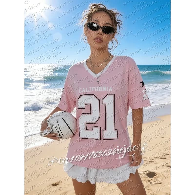T-shirt Oversize da Donna e Bambina, Scollo a V, Manica Corta, Estiva, Patchwork, Stampa 21, Streetwear, Top Casual, Maglia da Calcio