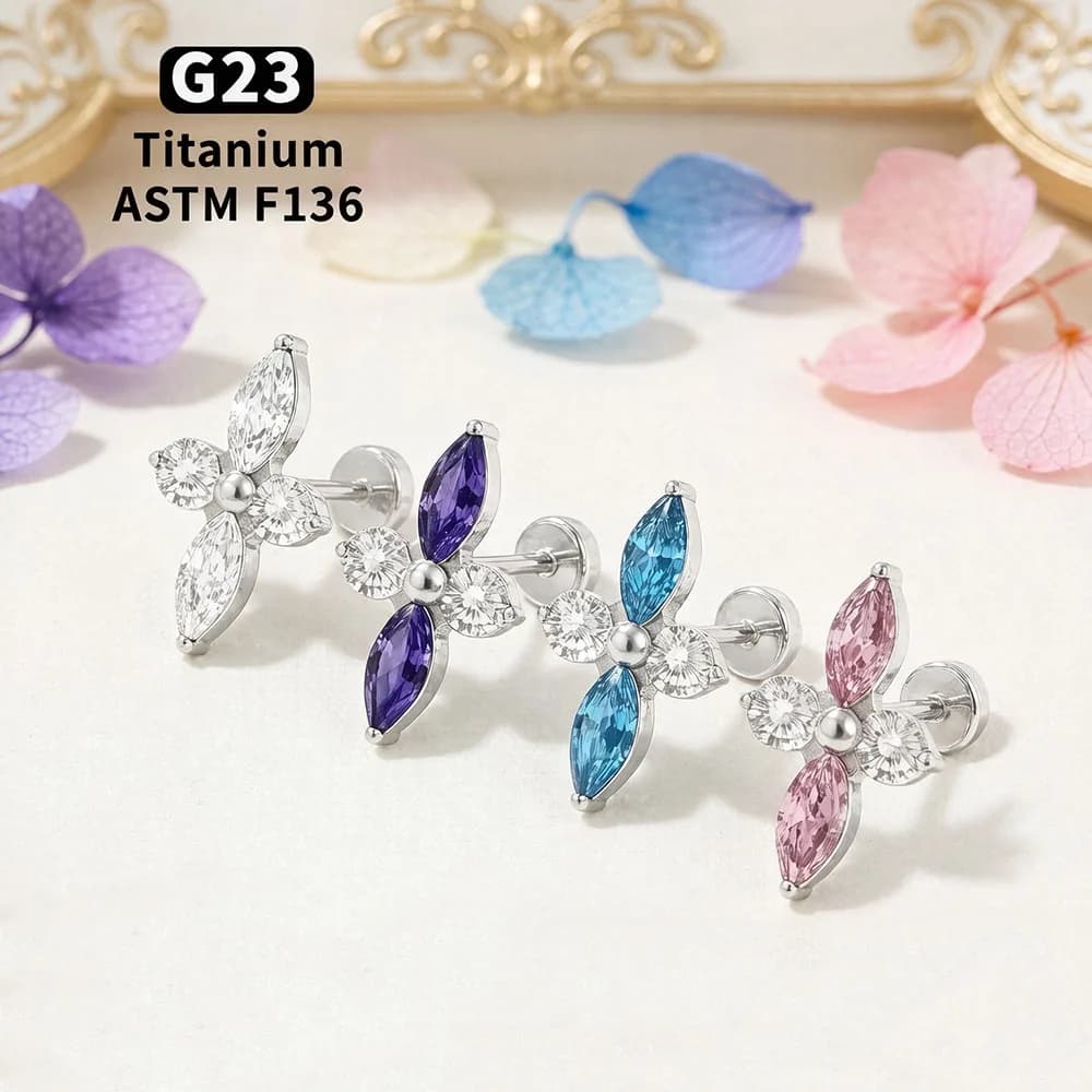16G Titanium G23 Internal Thread Earrings with CZ Lucky Clover for Tragus Helix Cartilage Flat Back Lip Piercing Jewelry