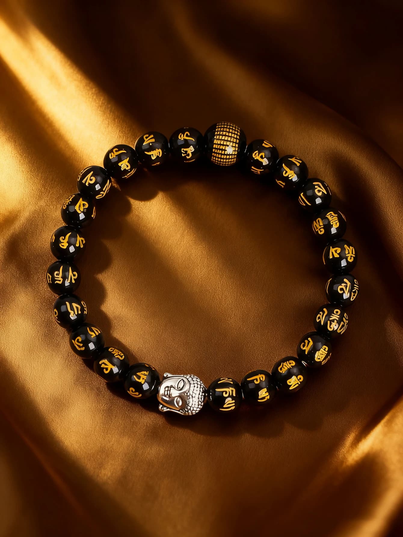 8mm Onyx Beads Six True Word Mantra Bracelet Buddha Head & Prajna Paramita Heart Sutra Beads for Energy Protection Reiki Jewelry