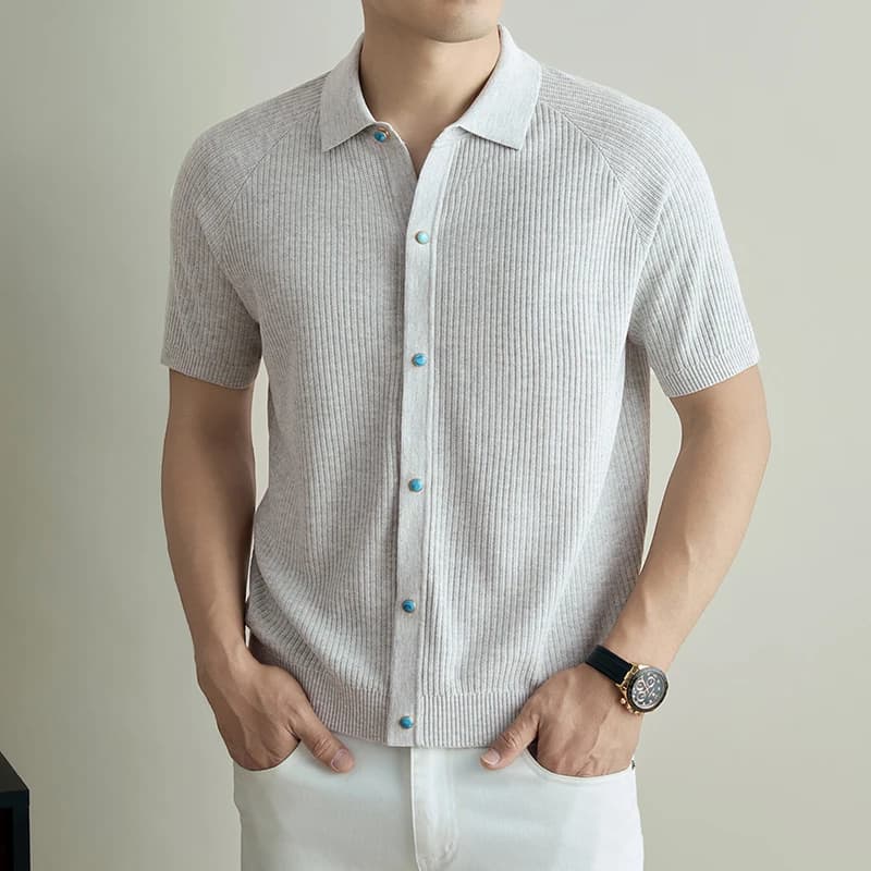 Cardigan in maglia, T-shirt a maniche corte, Nuovo stile estivo da uomo, Casual di alta gamma, Stile Old Money, Top da uomo con risvolto