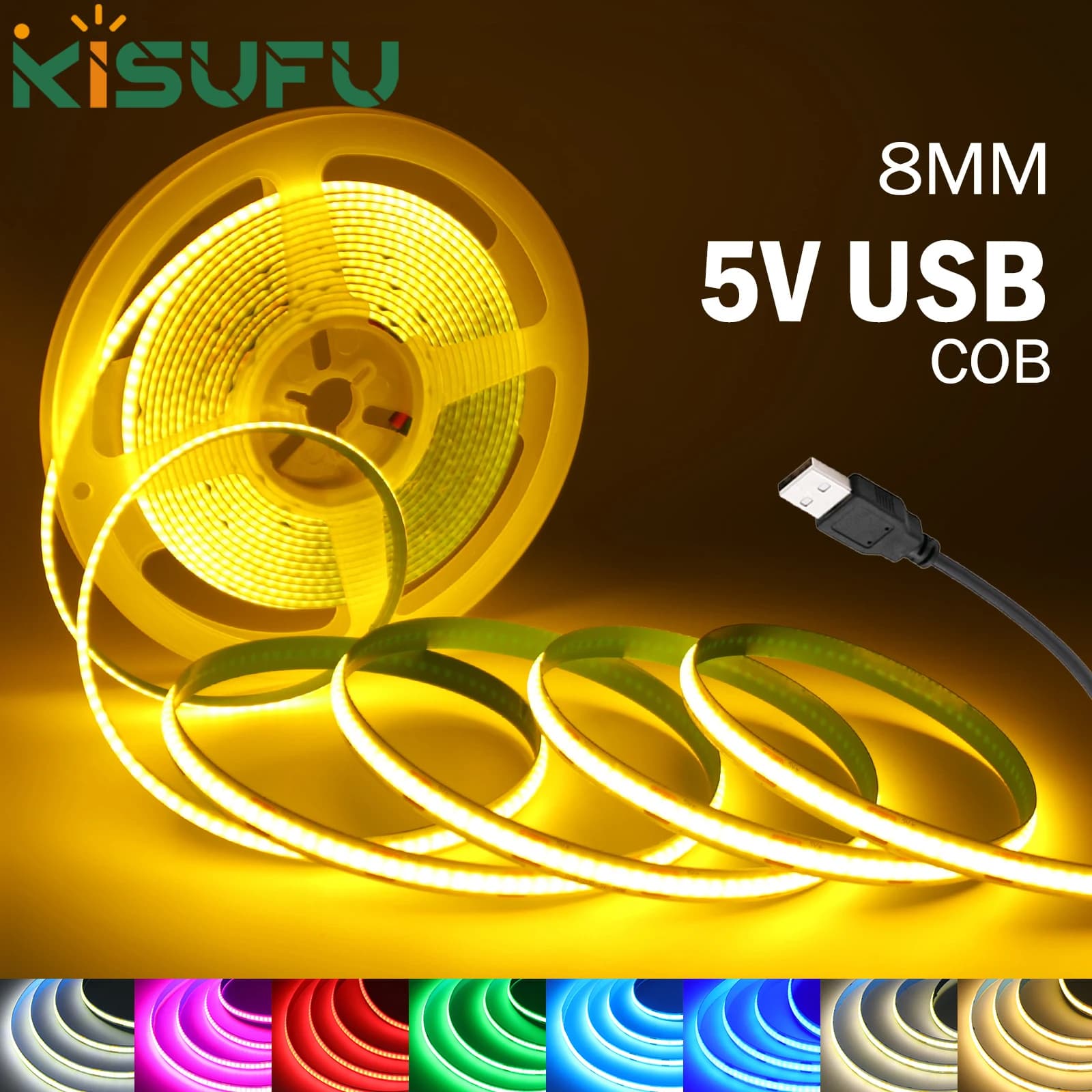 DC5V USB COB Led Strip Light Bianco/Rosa/Rosso/Giallo/Blu ghiaccio/Verde 8MM 320LED/M Luce notturna flessibile per la decorazione domestica TV Retroilluminazione