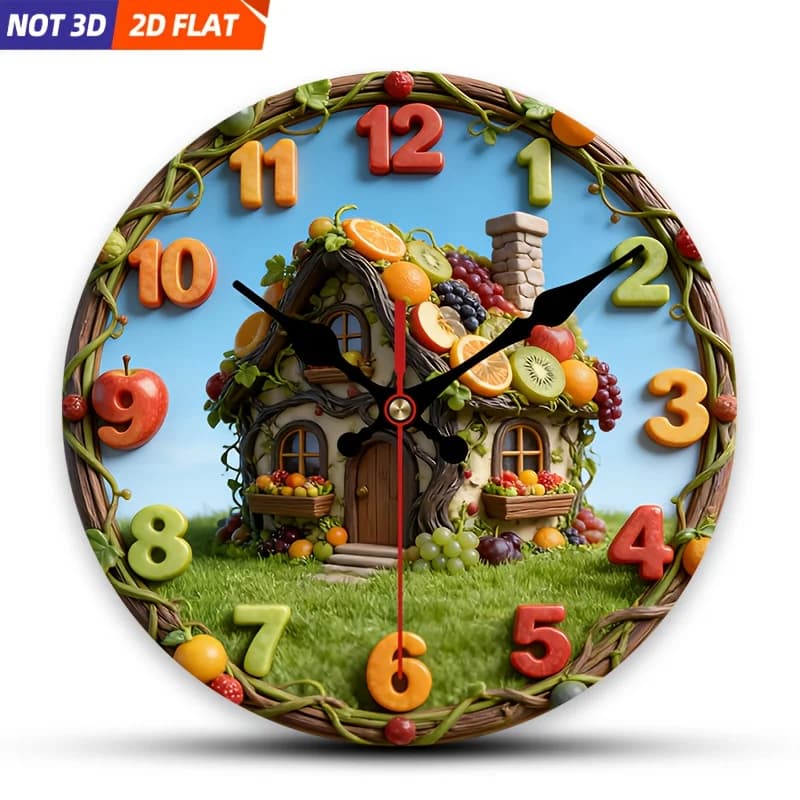 2D Piatto. 1 pezzo. Orologio da parete con tema Fruit House, silenzioso e decorativo, ideale per camere da letto, soggiorni e uffici, disponibile