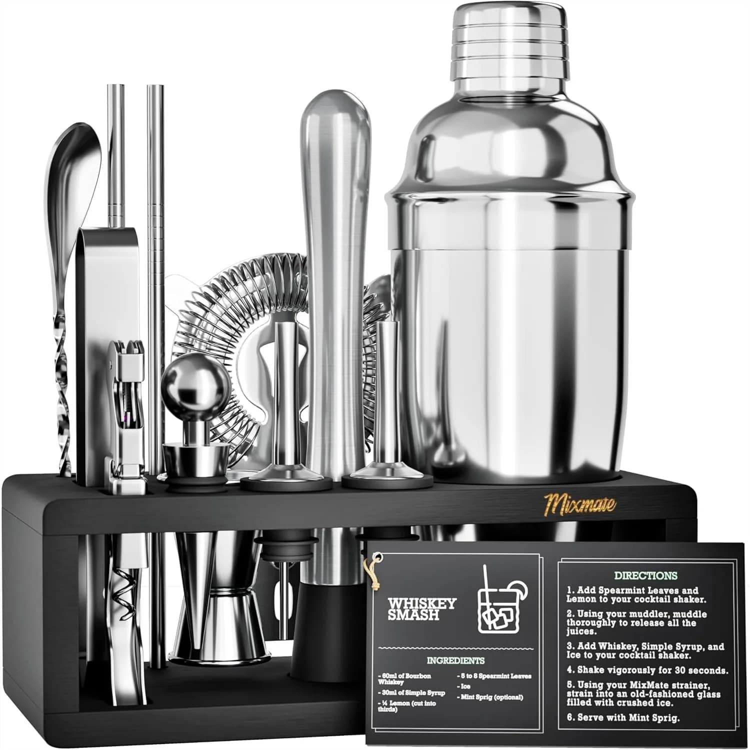 Set da Barman 15 Pezzi con Supporto - Set Shaker per Cocktail Argento, Include Jigger, Colino, Cucchiaio | Regalo Perfetto per il Bar di Casa
