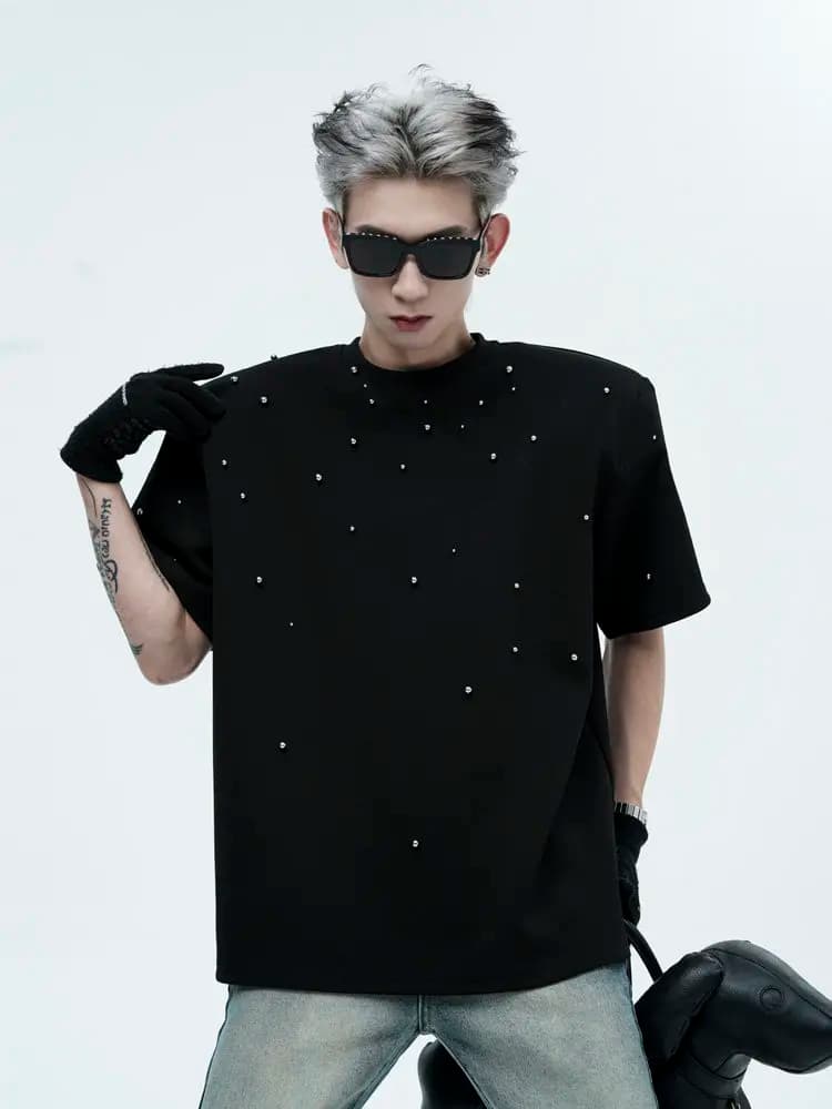Heavyweight Men's T-Shirt Shoulder Pads American Retro High Street Handmade Metal Bead Design Black Short Sleeve Casual Wear