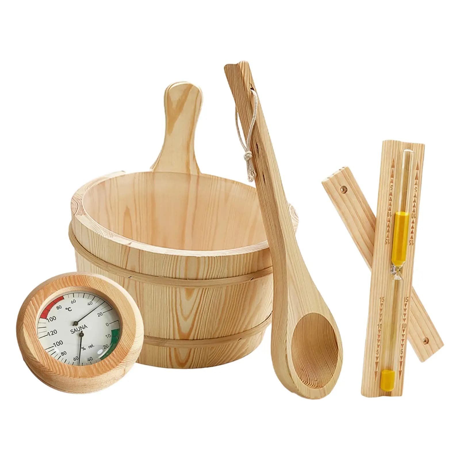 Secchio in Legno per Sauna 4L, Kit Premium con Mestolo, Clessidra e Termometro per Bagno Turco