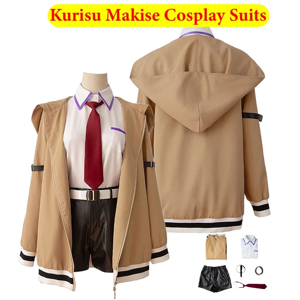 Costume Cosplay di Kurisu, Abbigliamento Makise da Steins, Gioco Anime, Camicia, Pantaloncini, Cappotto, Cintura, Outfit per Halloween e Carnevale