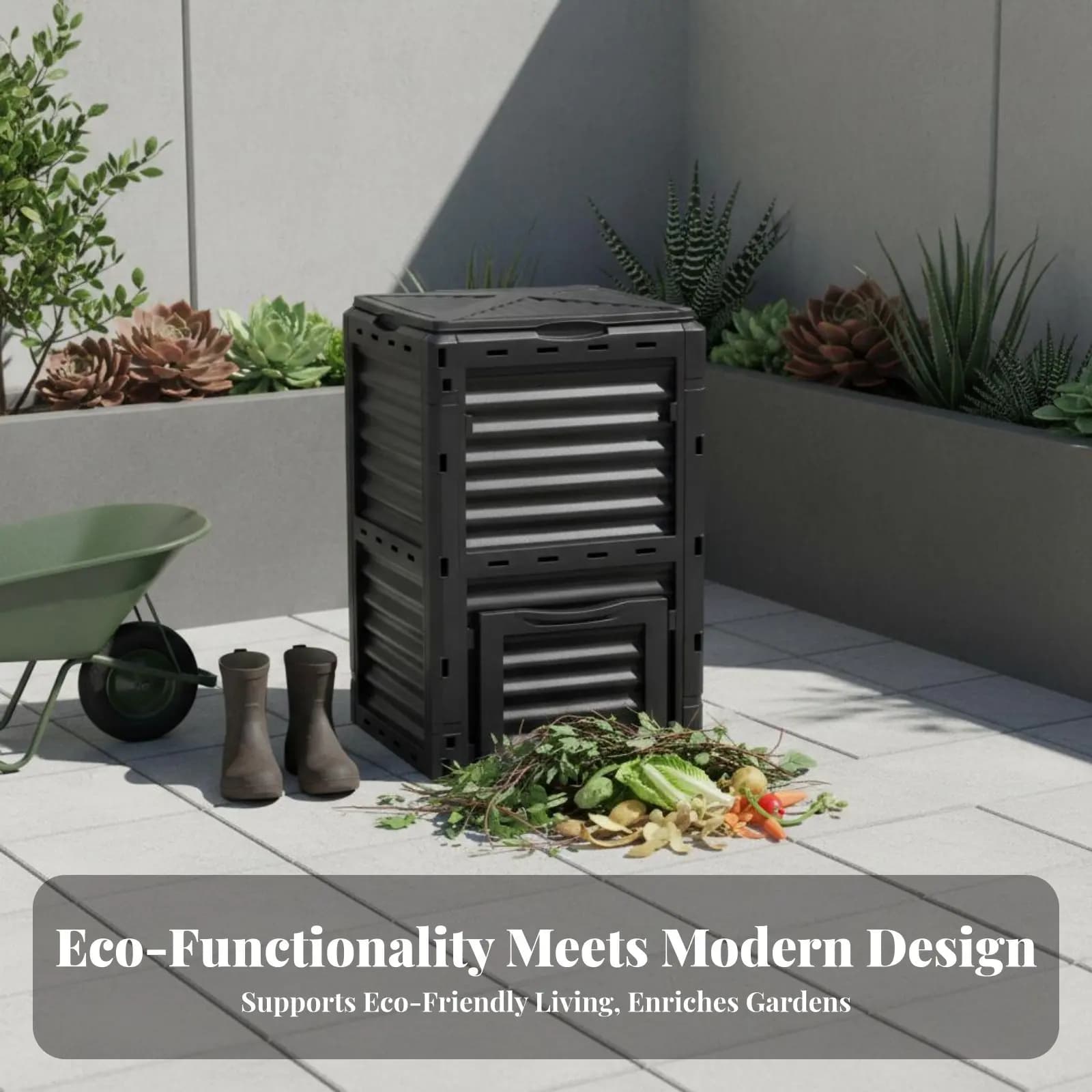 Compostiera da Giardino 300L Resistente alle Intemperie, Contenitore per Compostaggio Esterno di Grandi Dimensioni con Design Ventilato per Proprietari di Case