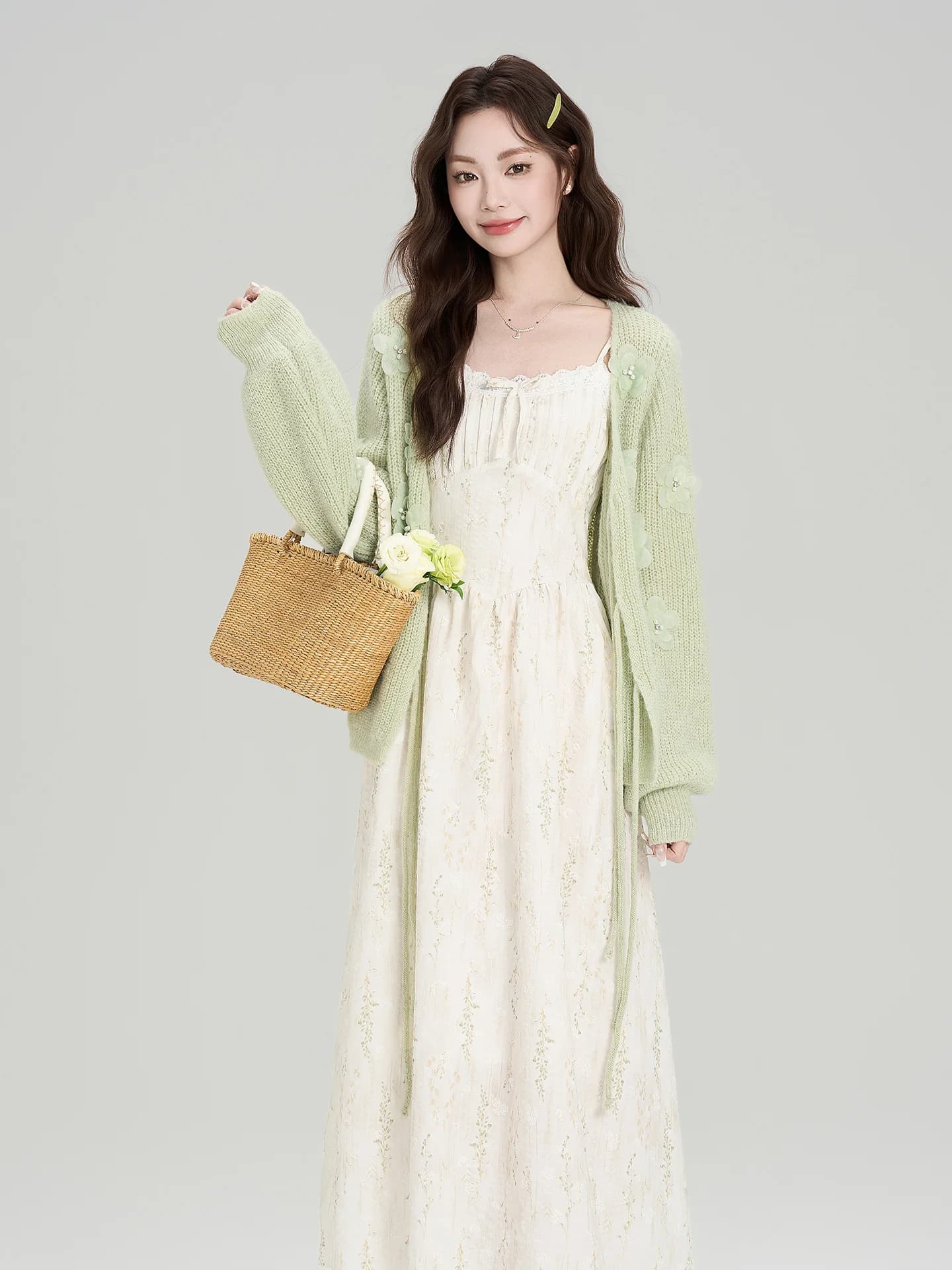 Women's Beautiful Knitted Loose Cardigan And Halter Dress Set Spring 2026 Casual High Waist A-Line Skirt Two-Piece Suit