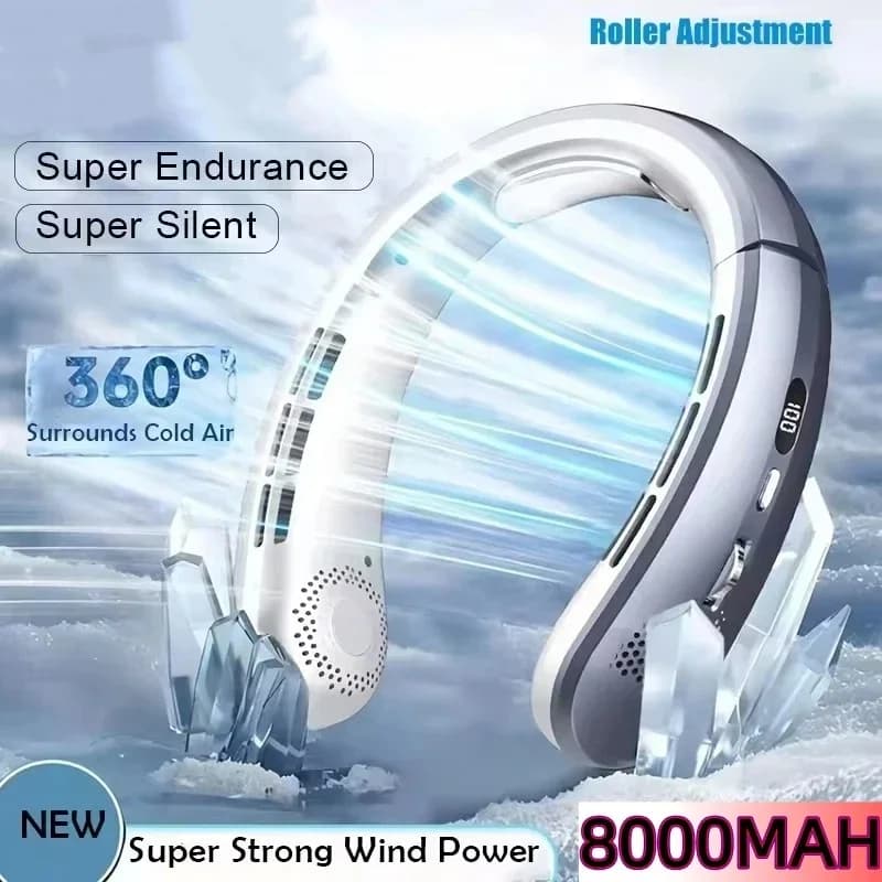 8000mAh USB Hanging Neck Fan Portable Bladeless Mini Rechargeable Mute LED Digital Display Electric Air Cooler Handheld