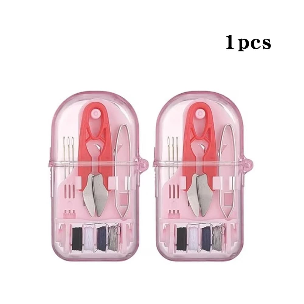 1 set of portable mini travel sewing tool box with pre threading needles and scissor style multi-color thread