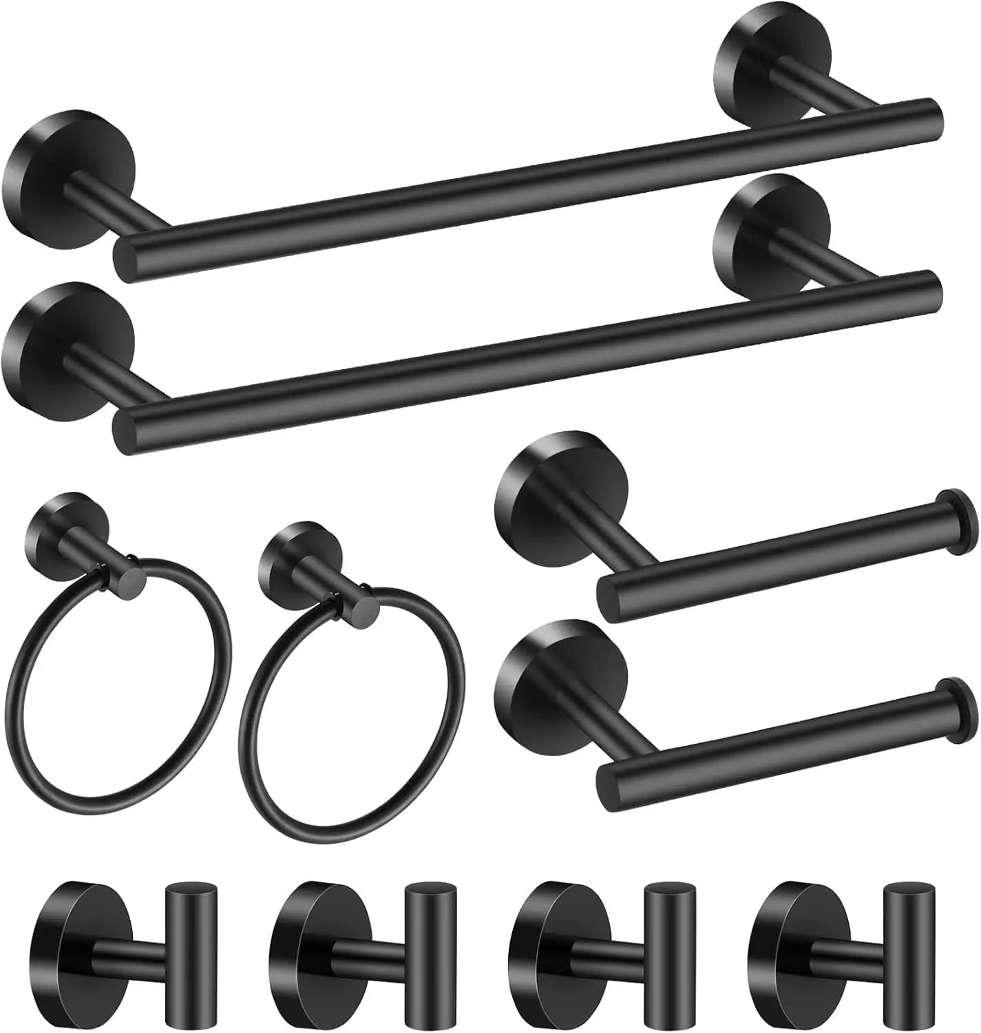 Set Nero 10 Pezzi, Set Portasciugamani in Acciaio Inox Nero Opaco Include 2 Portasciugamani da 16'', 4P