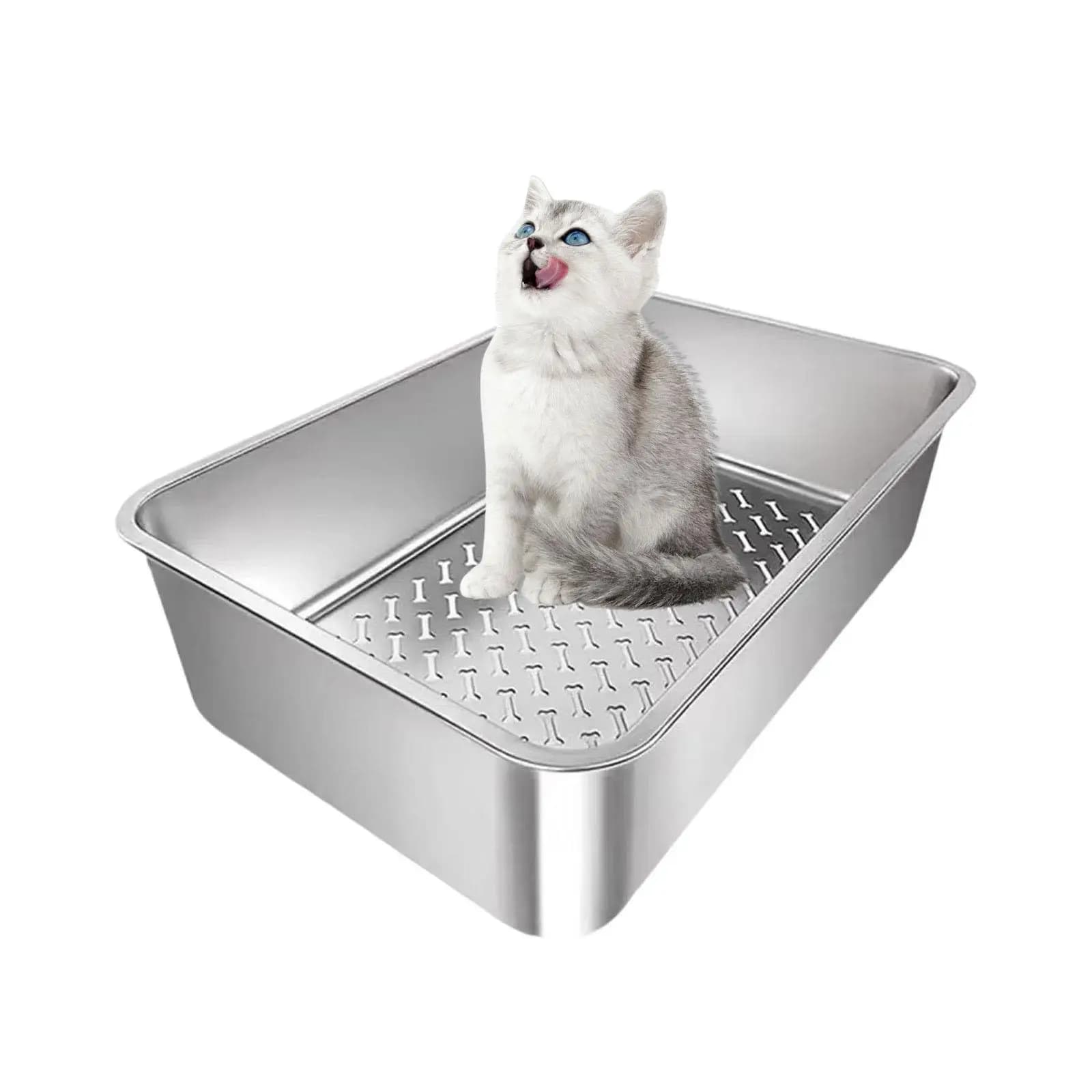 Open Top Stainless Steel Cat Litter Box Anti Leakage Easy to Clean Kitten Litter Pan for Enclosed Cat Cage