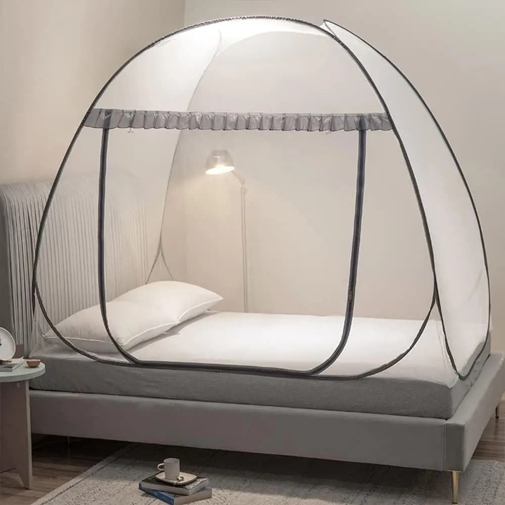 Tenda Zanzariera Pop-Up per Letto, Baldacchino da Campeggio per Interni ed Esterni con Fondo a Rete, Misura Full Queen Grigia