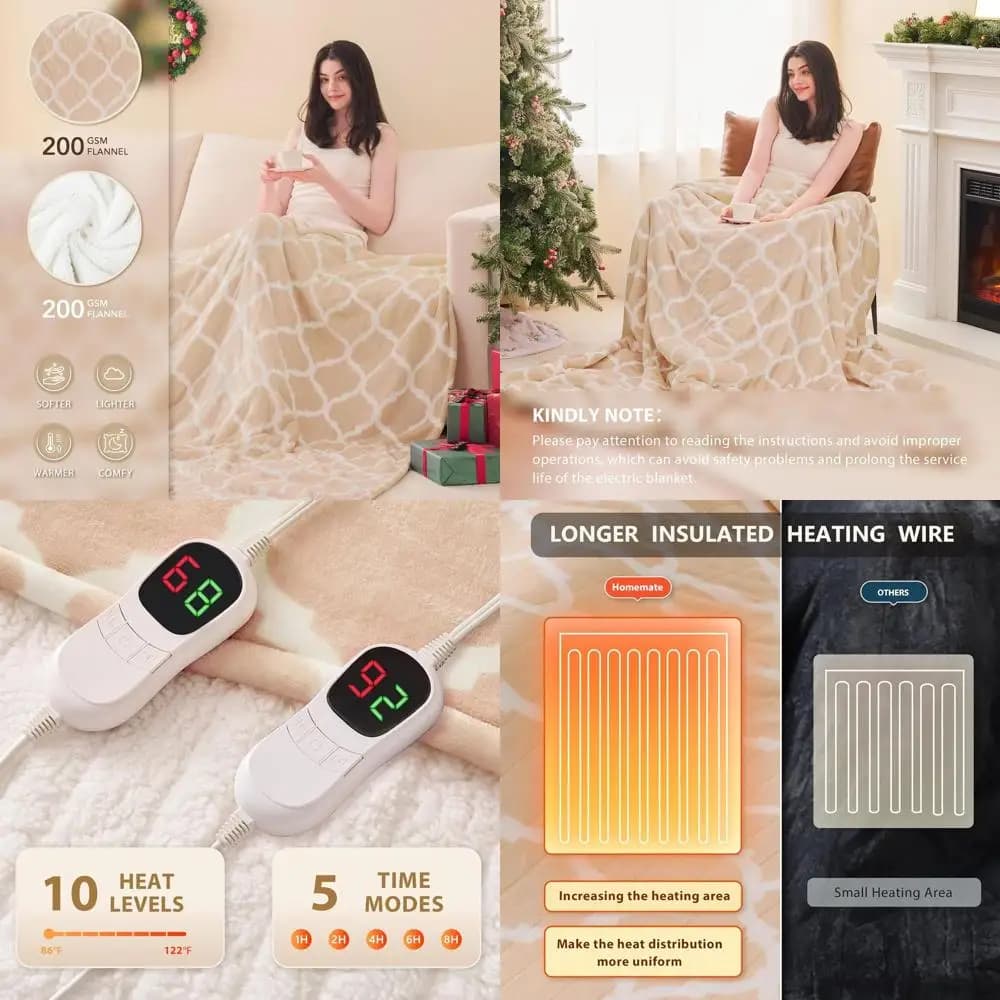 Coperta Elettrica King Size - 100x90 cm, 10 Livelli di Calore, Spegnimento Automatico 8 Ore, Morbido Flanella, Protezione dal Surriscaldamento, Certificata ETL