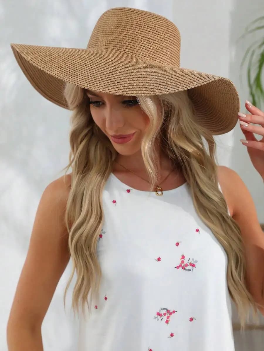 One Women Fashion Sun Protection Wide Brim Cap With Flat Top Beach Straw Hat