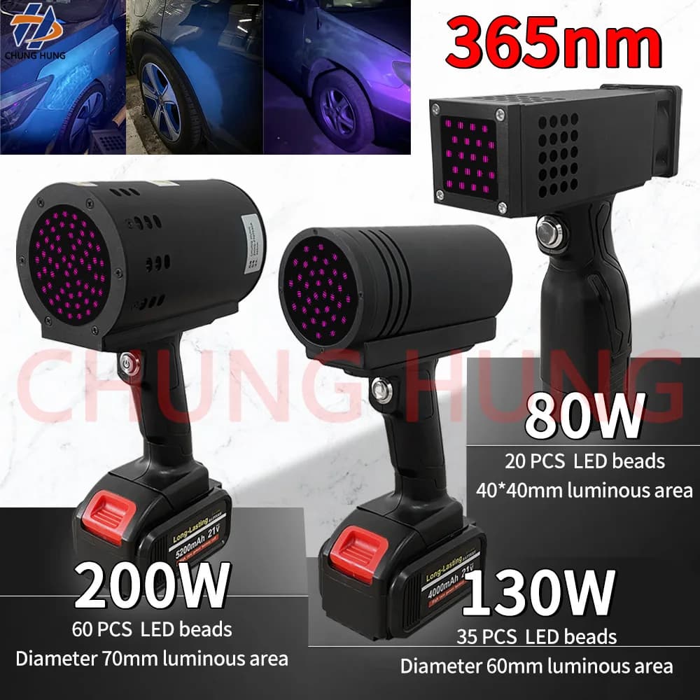 Lampada UV LED Portatile 80W 130W 200W 365nm per Rilevamento Difetti Vernice Auto, Asciugatura Rapida, Verniciatura a Spruzzo su Metallo